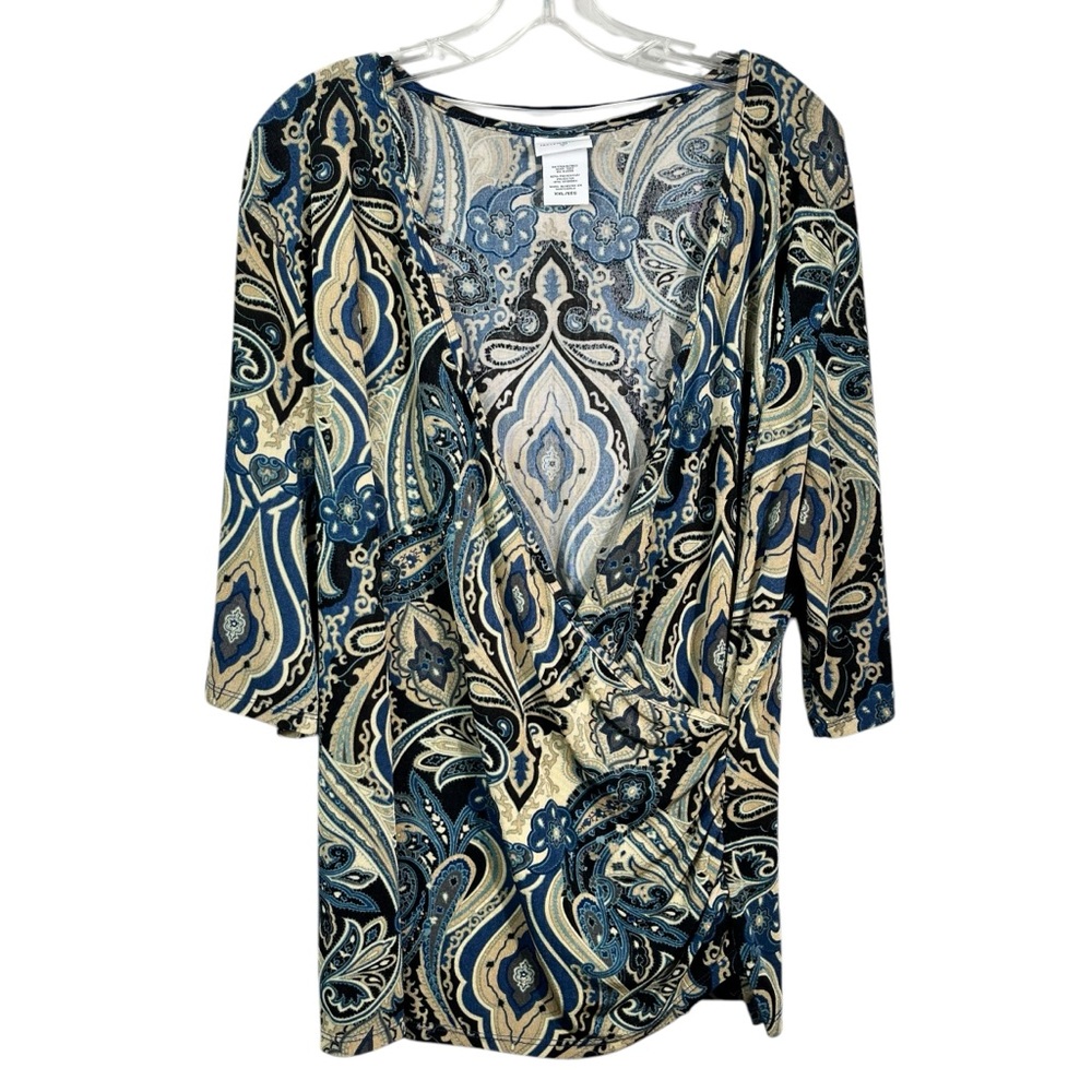 Jaclyn Smith Paisley Print Faux Wrap Stretchy Liquid Knit No Iron Top Plus Size